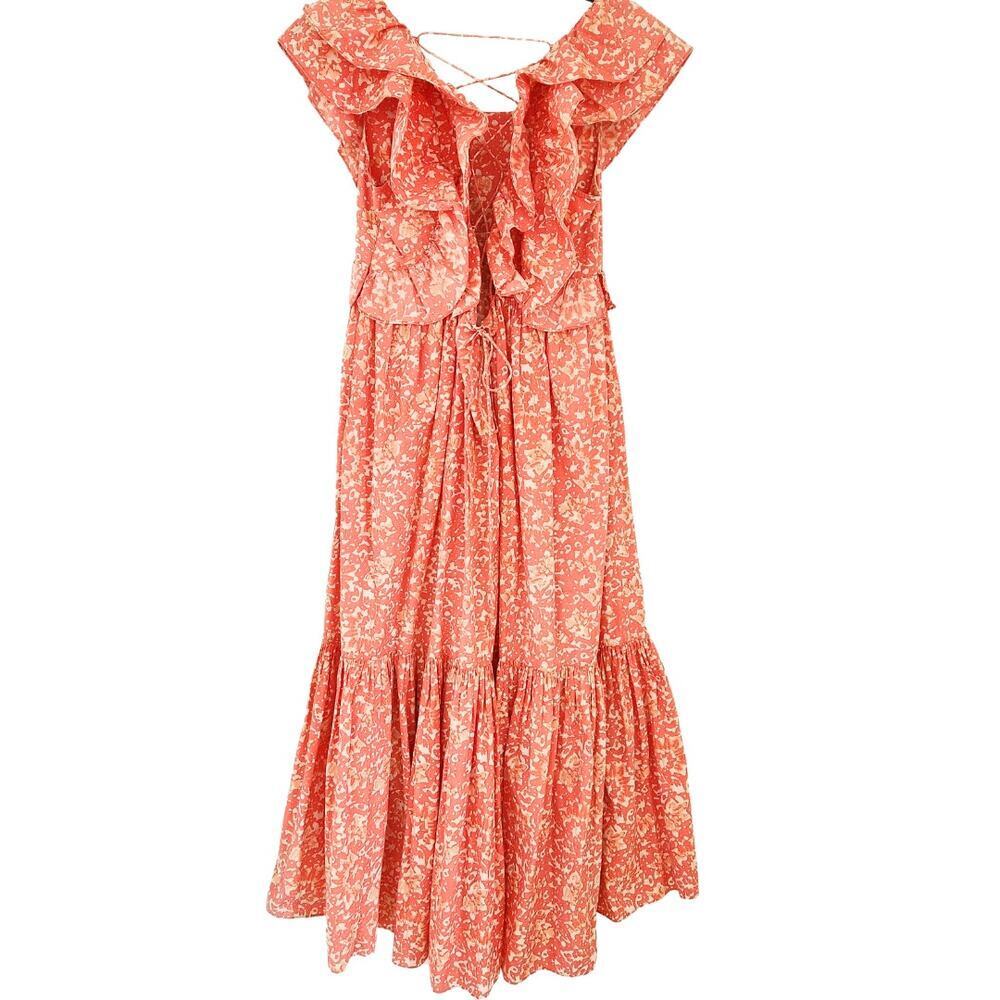 ULLA JOHNSON‎ Freida Printed Cotton Midi Dress Coral Batik Red Orange White US 4 - Picture 6 of 12